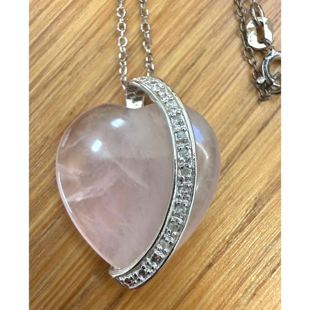 Rose Quartz Heart Pendant Necklace Sterling Silver Chain Rhinestone Accents